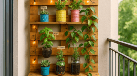 Crie um cantinho verde usando pallets e vasos recicláveis