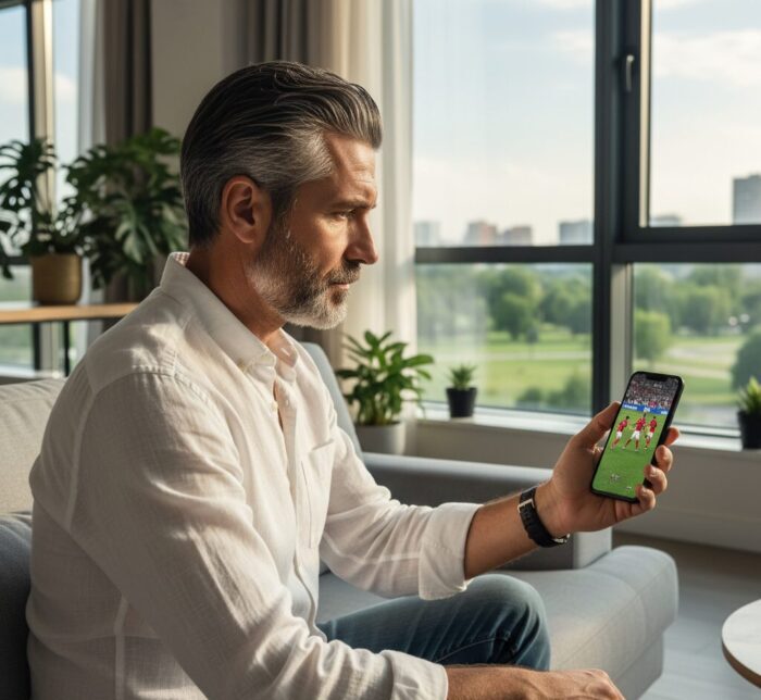 homem assistindo futebol ao vivo no celular